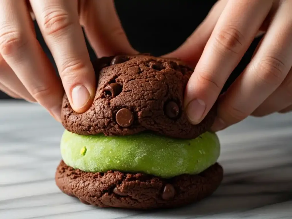 Assemblage du crookie : pâte à cookie chocolat enrobant la boule de fourrage pistache congelée
