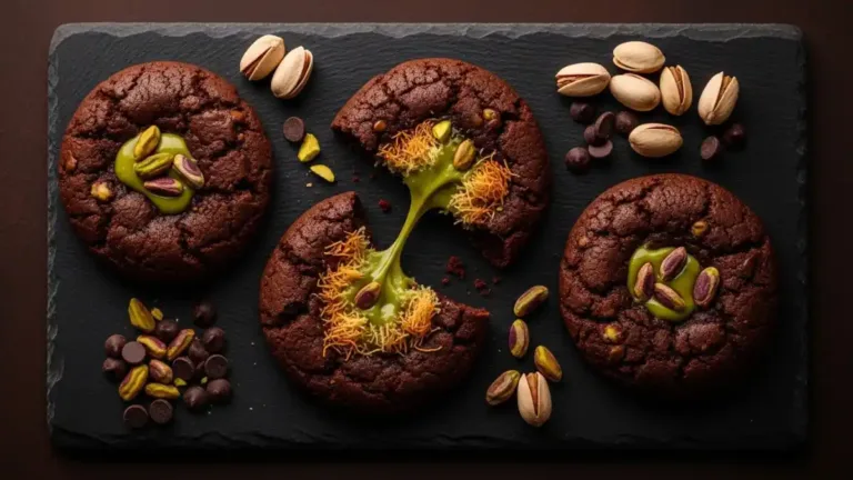 Crookie pistache façon Dubai Chocolate coupé en deux révélant le cœur fondant à la pistache et kadaïf
