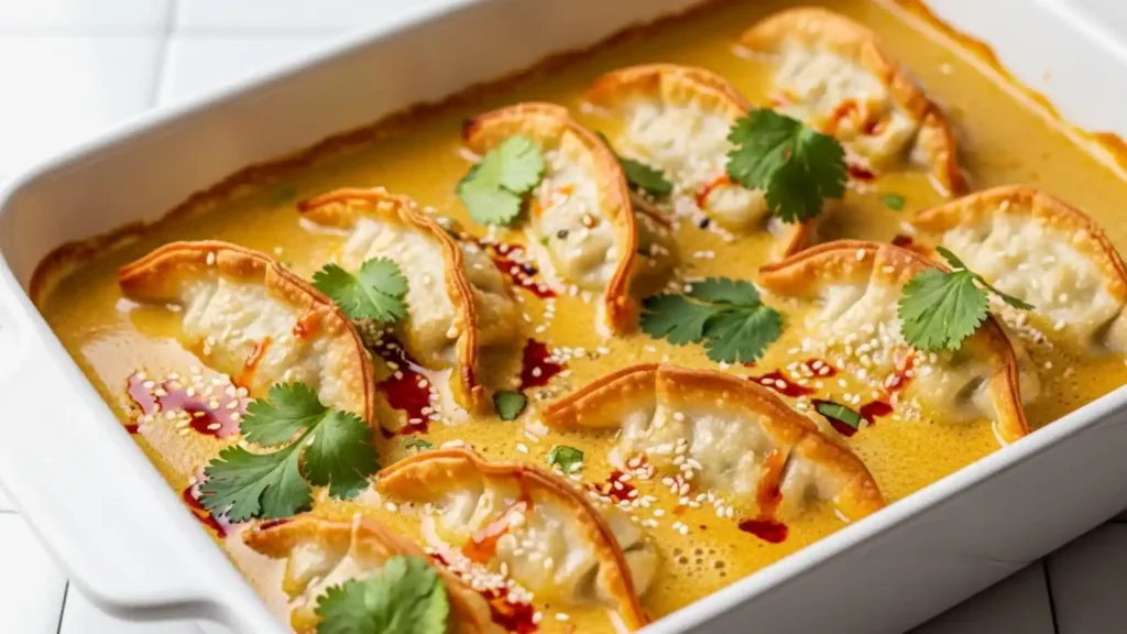 Dumpling bake casserole gyozas au four dans un plat blanc avec sauce coco dorée, graines de sésame et coriandre fraîche