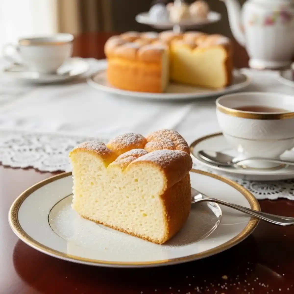 Part de Gâteau Nuage 3 Ingrédients servie avec une tasse de café.