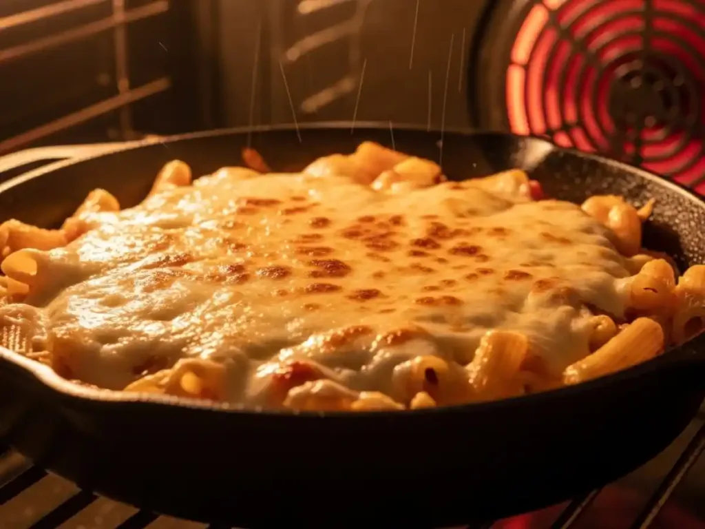 Pâtes crémeuses soupe à l'oignon sous le gril du four pour gratiner le fromage