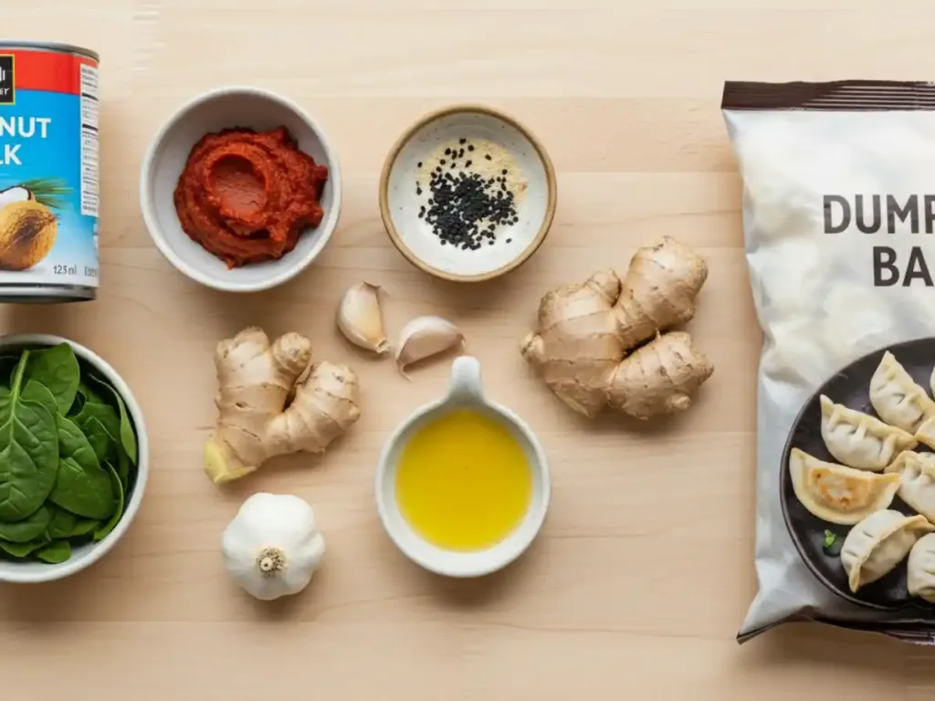 Ingrédients du dumpling bake casserole gyozas : lait de coco, curry rouge, sauce soja, gingembre, ail, épinards et gyozas surgelés