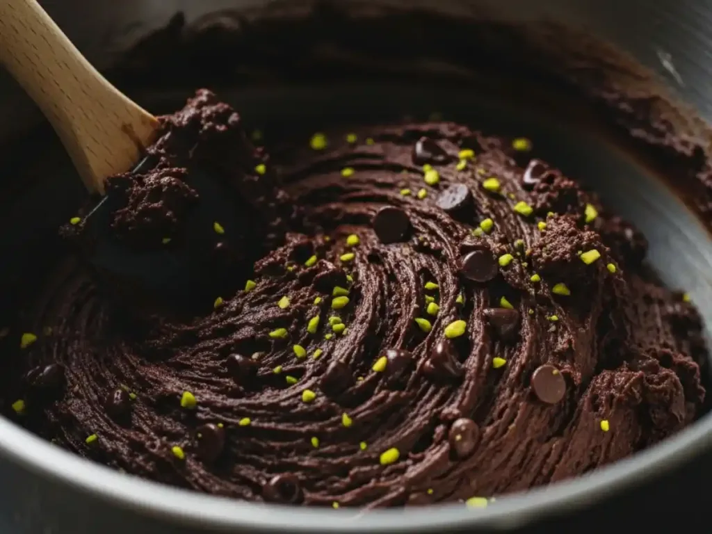Pâte à cookie chocolat au cacao avec pépites de chocolat noir et pistaches pour le crookie Dubai