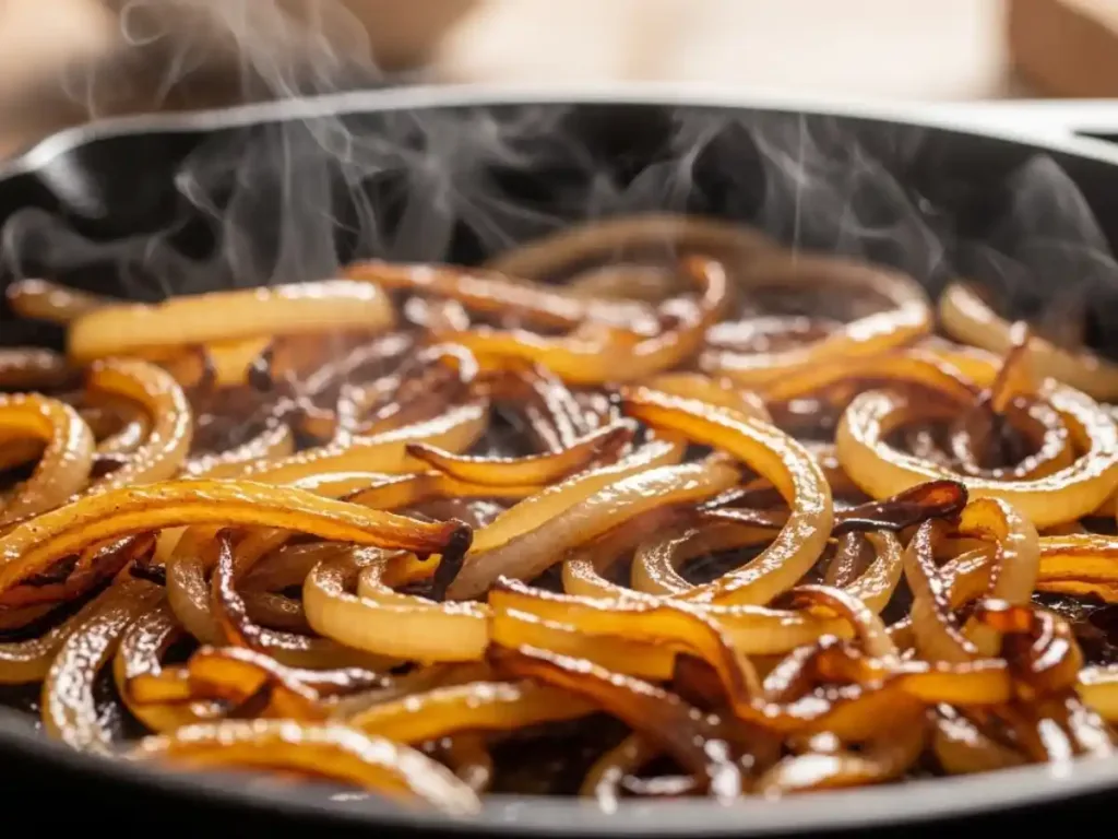 Oignons caramélisés dorés dans une poêle au beurre