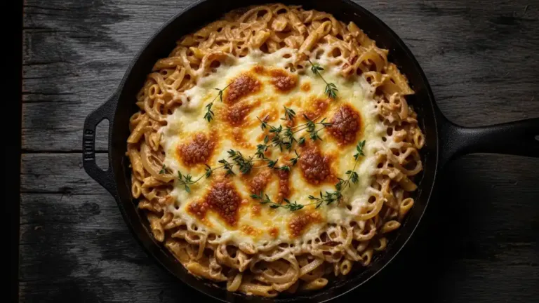 One-Pot Pasta Soupe à l'Oignon Gratinée dans une poêle en fonte avec gruyère doré fondu et oignons caramélisés