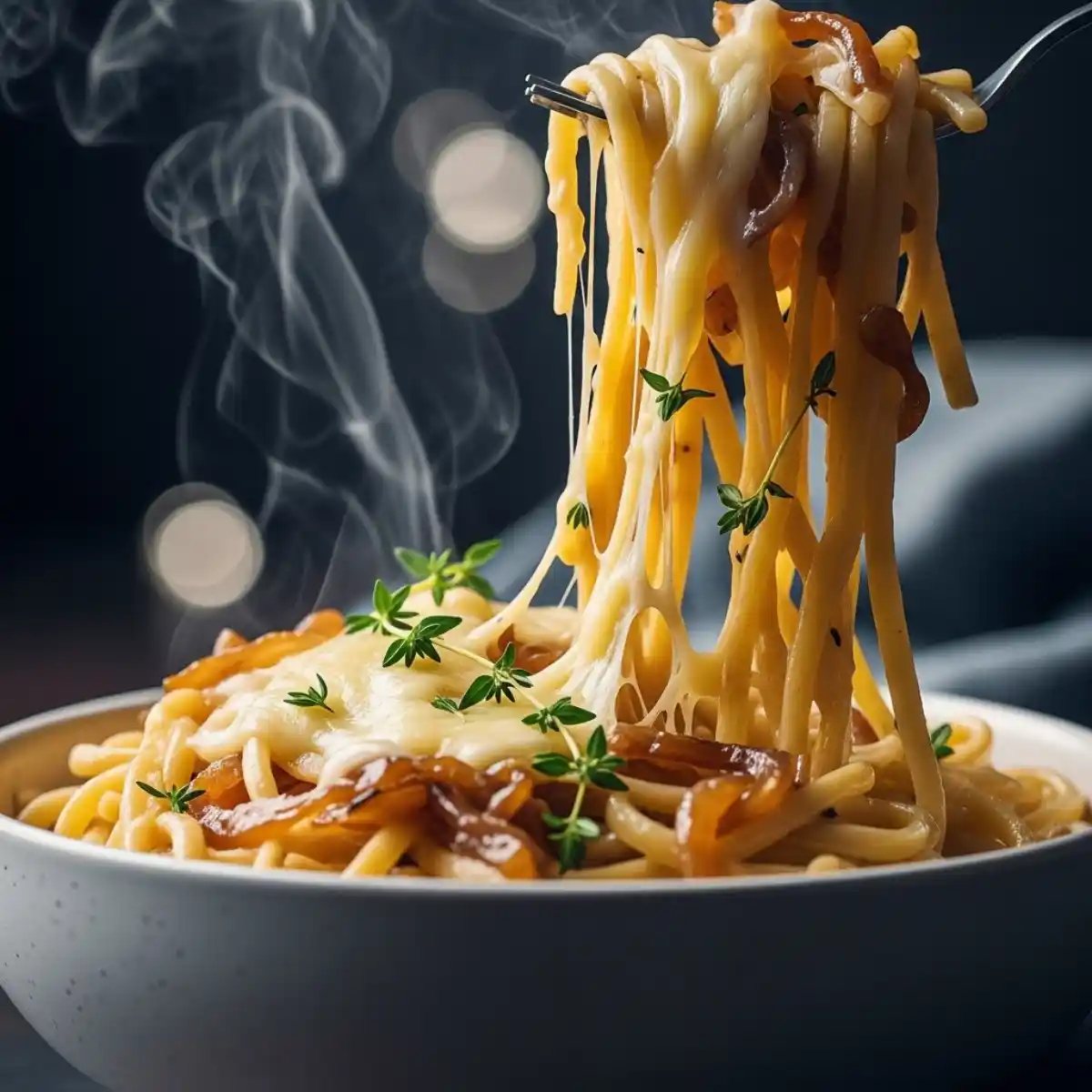 Portion de pâtes crémeuses façon soupe à l'oignon servie dans une assiette creuse