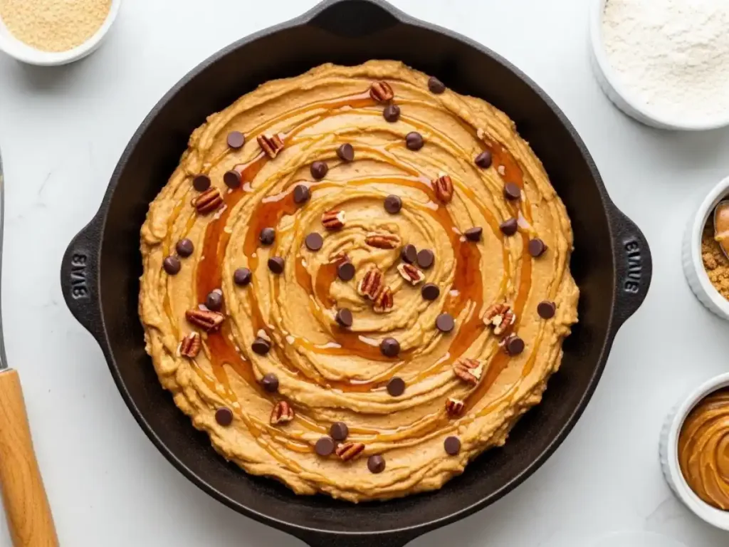 Pâte de skillet cookie butter à l’érable crue étalée dans une poêle en fonte, marbrée de sirop d’érable, prête à cuire.