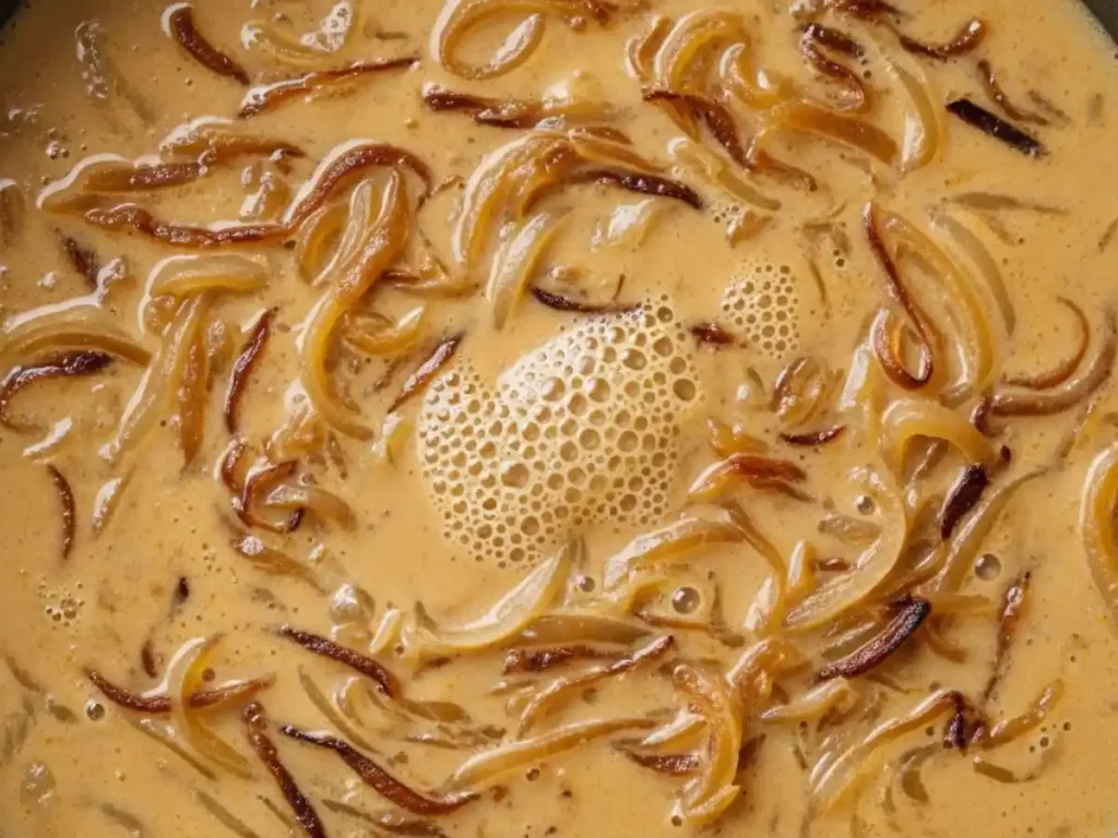 Sauce crémeuse soupe à l'oignon qui mijote dans la poêle