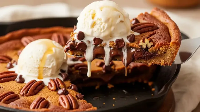 Skillet Cookie Butter Tart à l’érable dorée dans une poêle en fonte, avec bords caramélisés et centre fondant