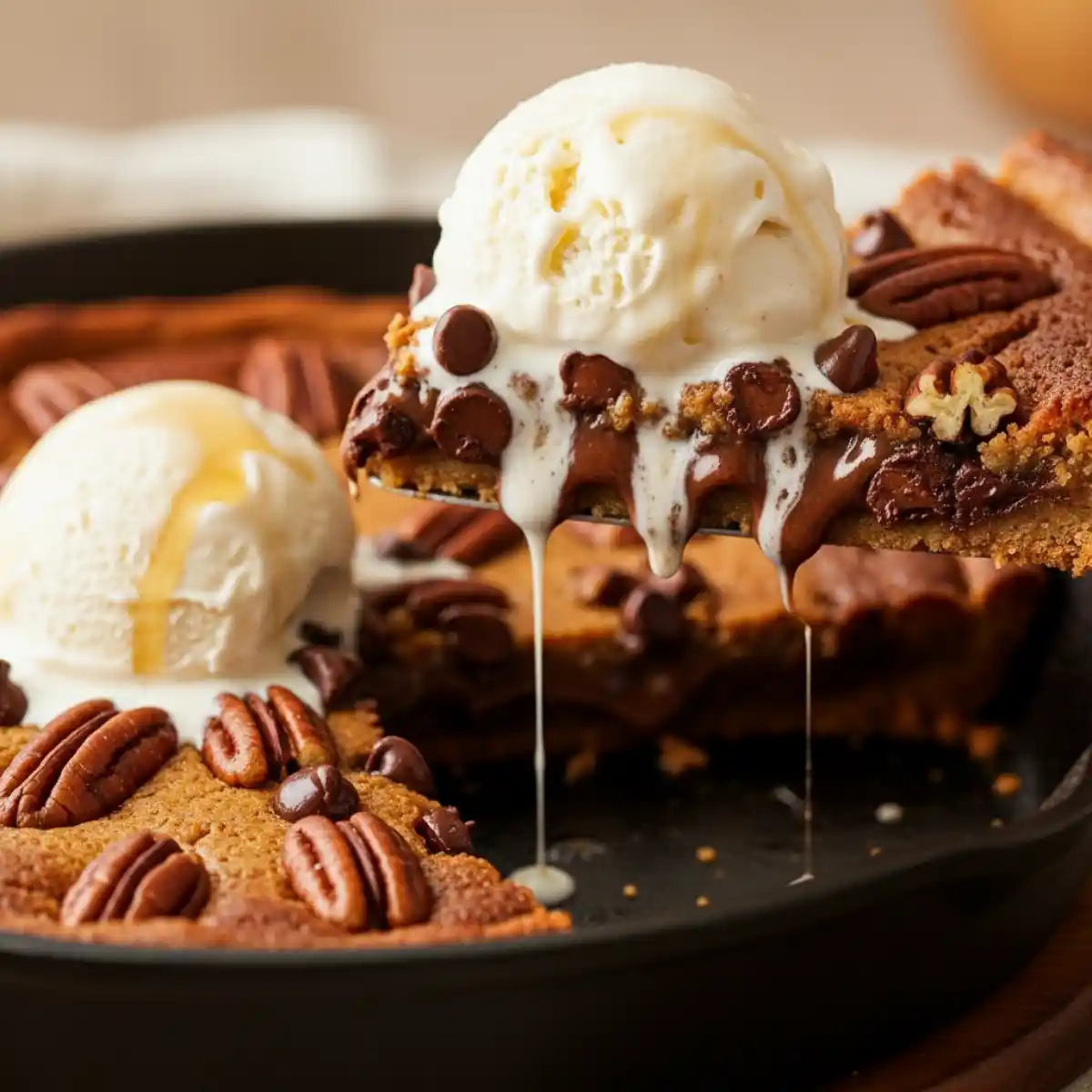 Part de tarte cookie butter à l’érable prélevée dans la poêle, montrant un cœur fondant et des pépites de chocolat fondantes.