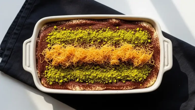 Tiramisu Pistache Dubai Chocolate sans cuisson dans un plat blanc avec kadaïf croustillant et pistaches concassées
