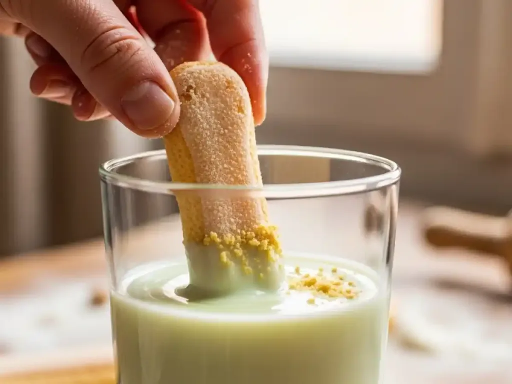 Biscuit à la cuillère trempé dans le lait parfumé à la pistache pour le tiramisu Dubai Chocolate