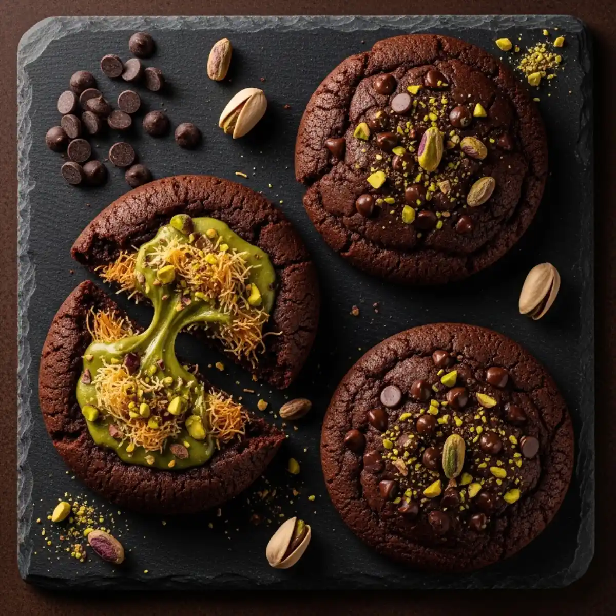 Section d'un crookie pistache Dubai Chocolate révélant le cœur coulant vert pistache et le kadaïf croustillant doré