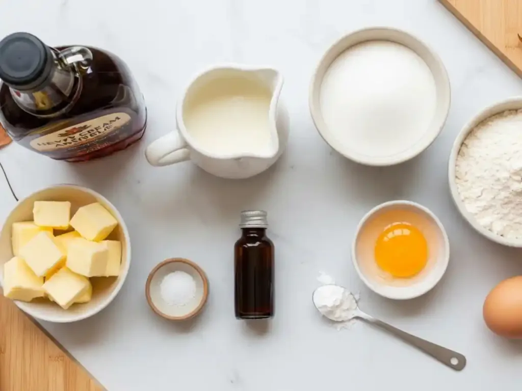 Ingrédients du pouding chômeur à l'érable : sirop d'érable, crème, farine, beurre froid, œuf - disposition à plat sur marbre blanc