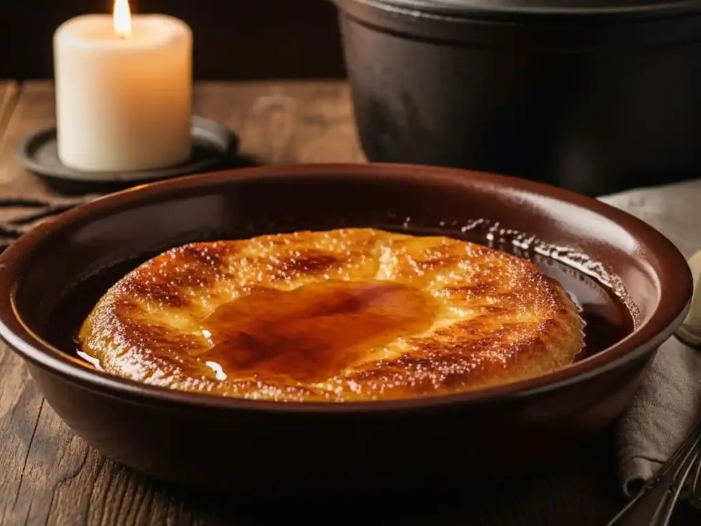 Pouding chômeur traditionnel québécois dans un plat en céramique, sauce érable caramélisée dorée - recette des années 1930