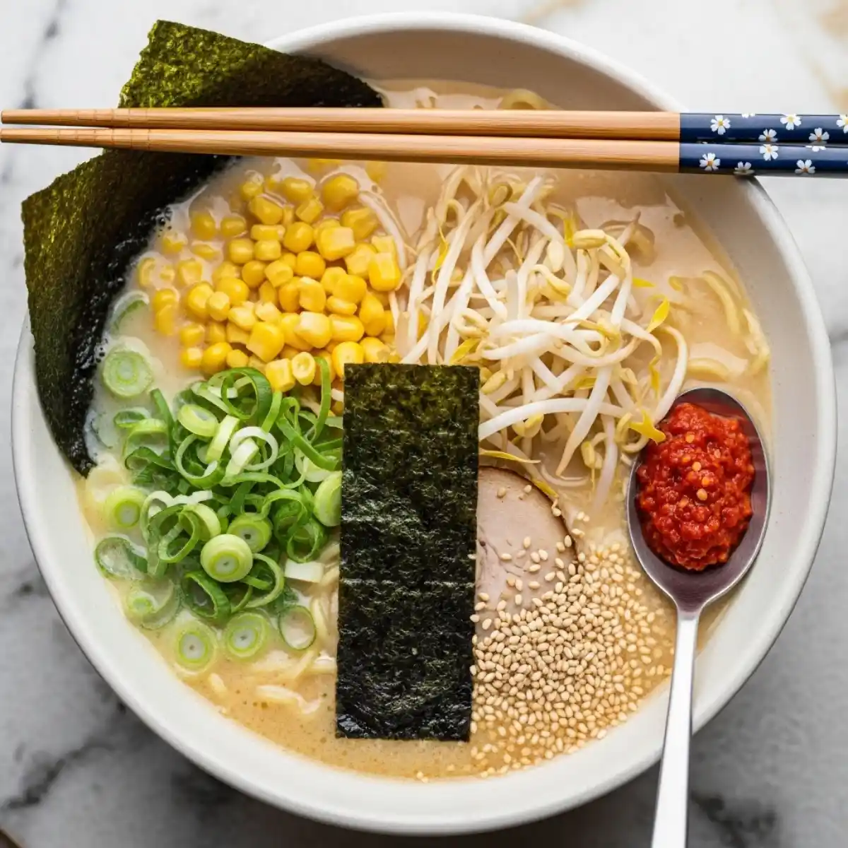 Bol de ramen crémeux avec garnitures disposées avant le service : oignons verts, maïs, nori et sésame.