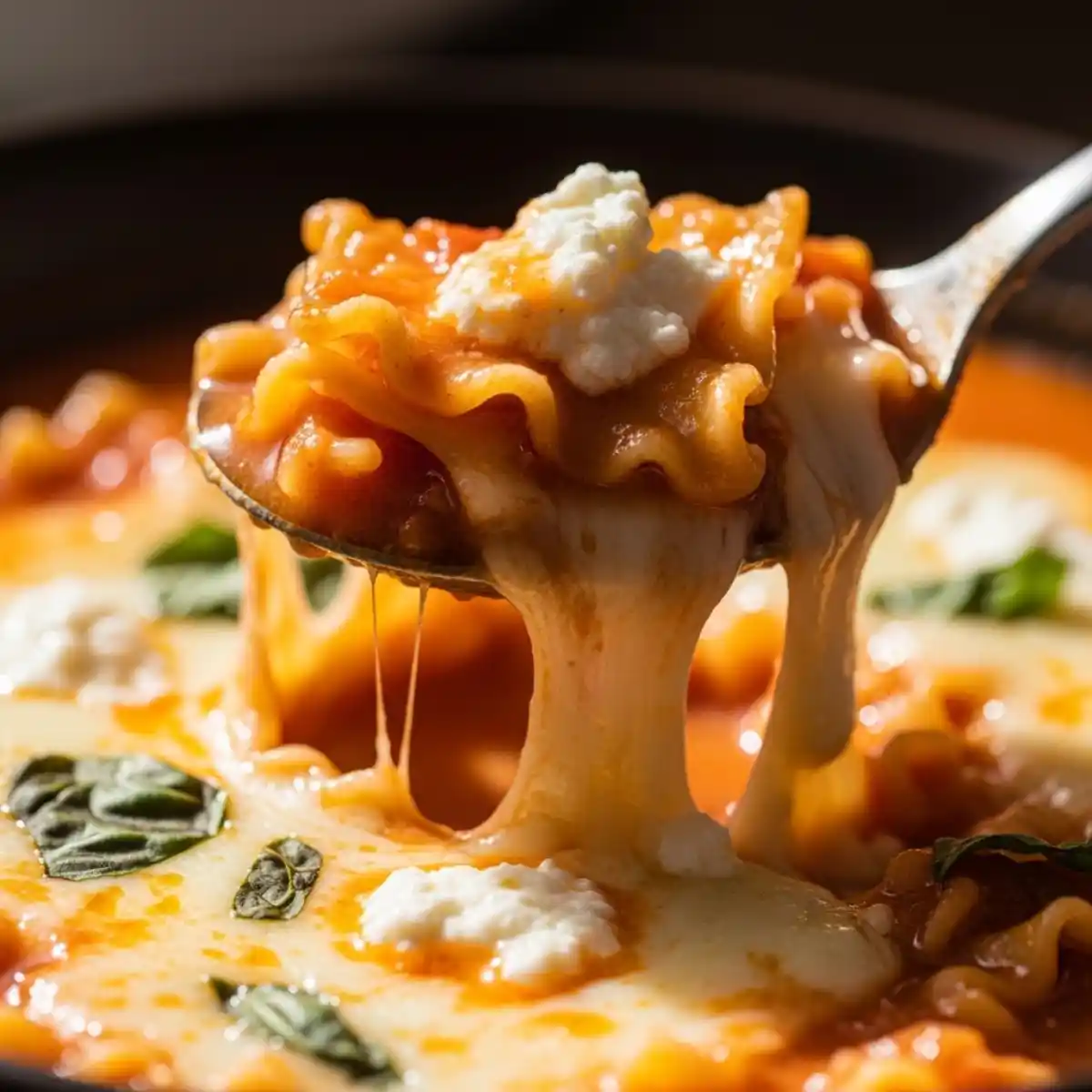 Cuillère de soupe lasagne crémeuse avec fil de fromage fondu en gros plan.