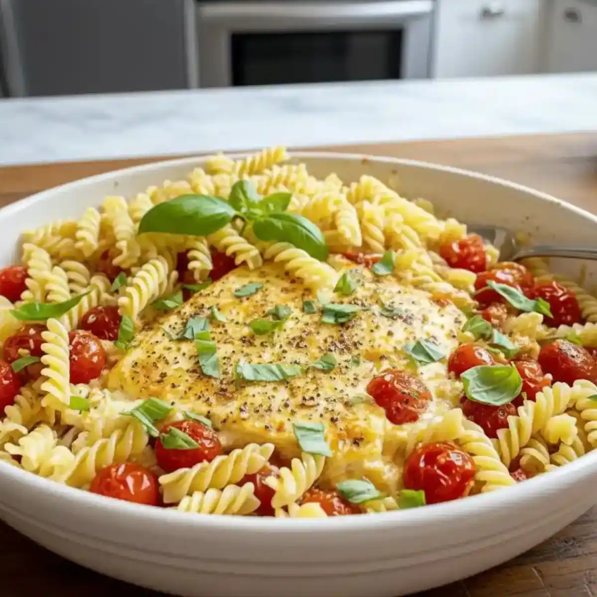 pâtes à la feta et aux tomates cerises en gros plan