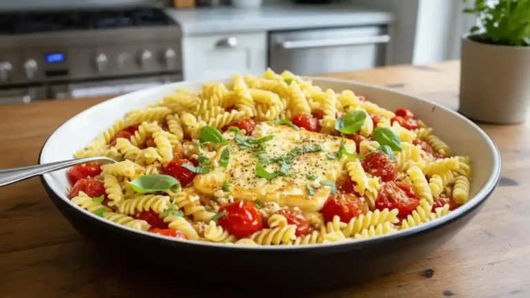 Pâtes à la feta et aux tomates cerises servies dans une assiette avec basilic frais.