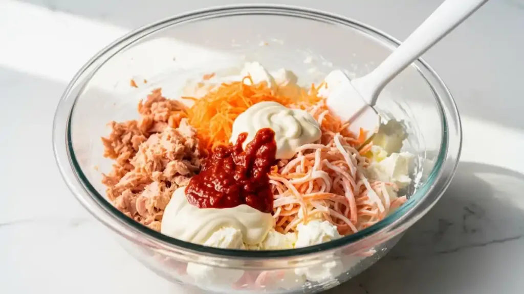 Préparation de la garniture crémeuse du sushi bake : saumon émietté, surimi, mayo Kewpie et fromage à la crème