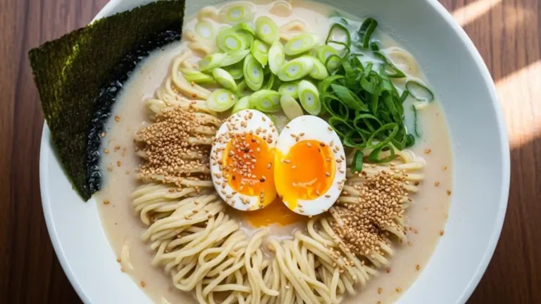 Bol de ramen crémeux maison vu de dessus avec œuf mollet, oignons verts et nori.
