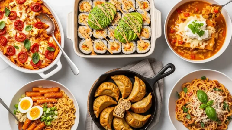Collage des meilleures recettes TikTok salées : pâtes feta, sushi bake, soupe lasagne, ramen crémeux, dumpling bake et one pot pasta