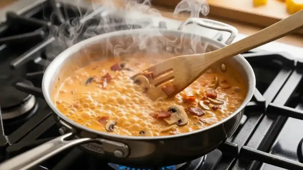 Sauce crémeuse buldak qui cuit dans une poêle avec lardons et champignons