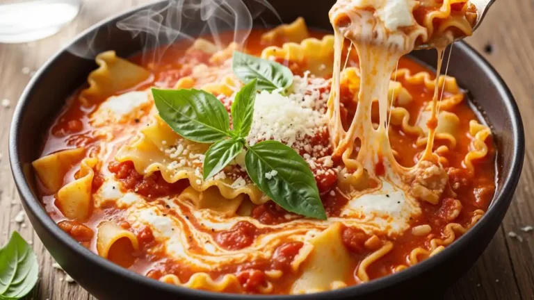 Bol de soupe lasagne virale crémeuse au fromage et basilic frais.