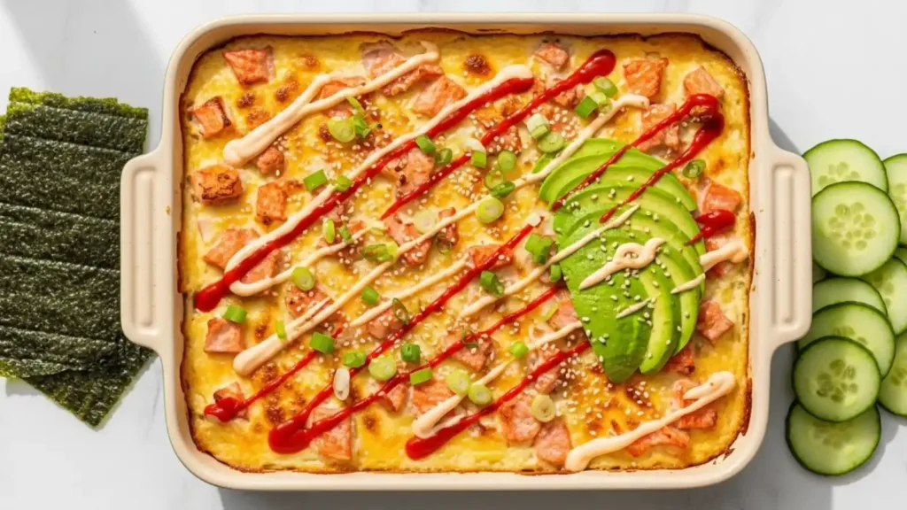Sushi bake au saumon gratiné avec mayo épicée, avocat et oignons verts dans un plat blanc