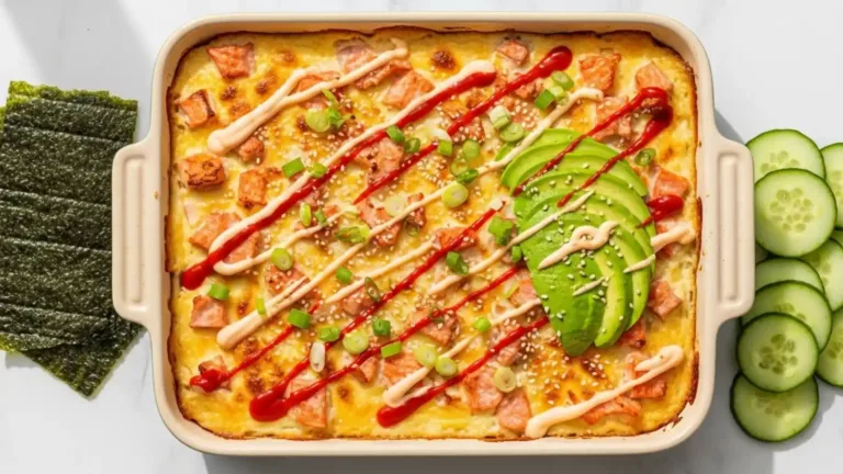Sushi bake au saumon gratiné avec mayo épicée, avocat et oignons verts dans un plat blanc