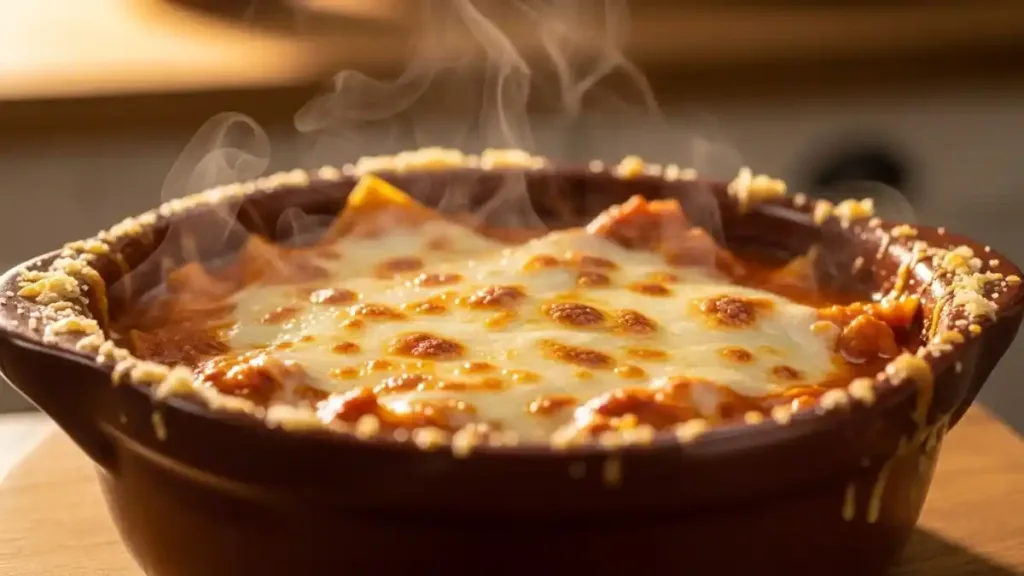 Soupe lasagne gratinée au four avec mozzarella fondue et dorée.