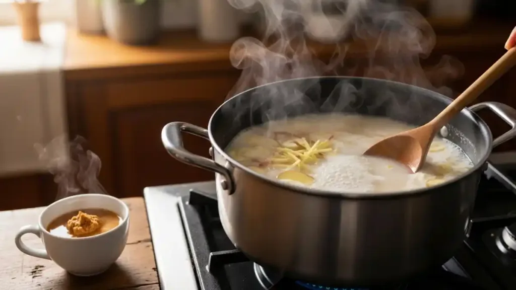 Casserole de bouillon miso crémeux en cours de préparation avec cuillère en bois.