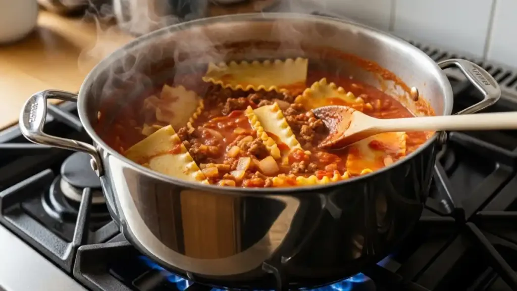 Casserole de soupe lasagne en cours de cuisson sur le feu.