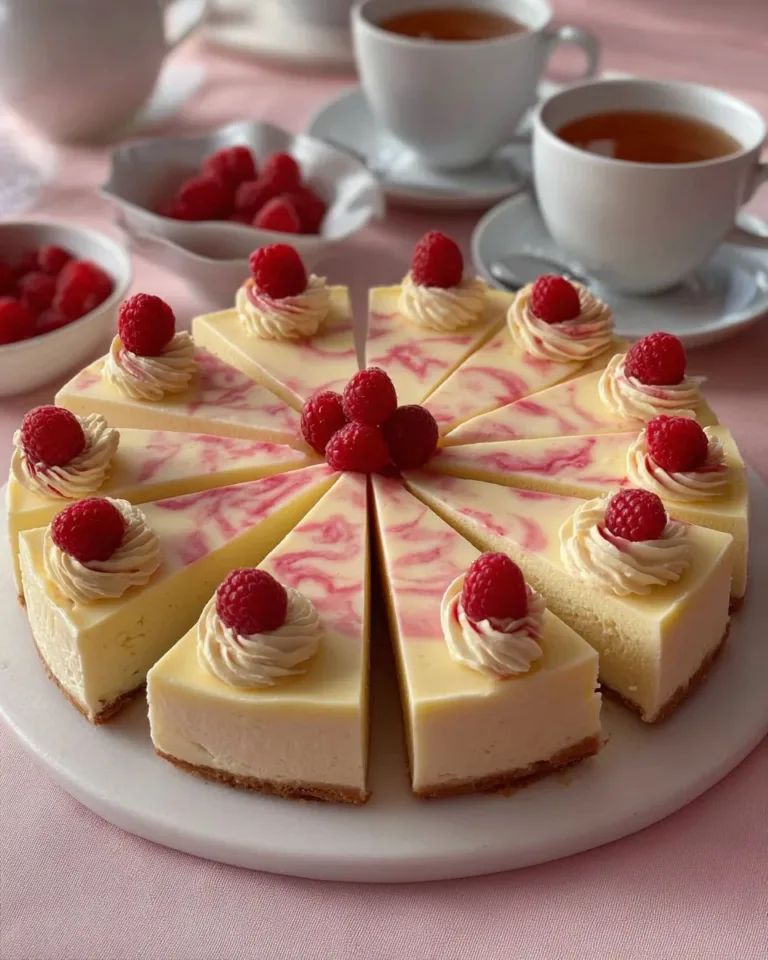 Gâteau cheesecake au chocolat blanc avec framboises fraîches sur le dessus.