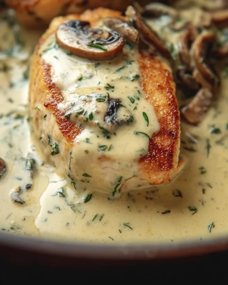 Poulet crémeux aux champignons à l'ail servi dans une assiette