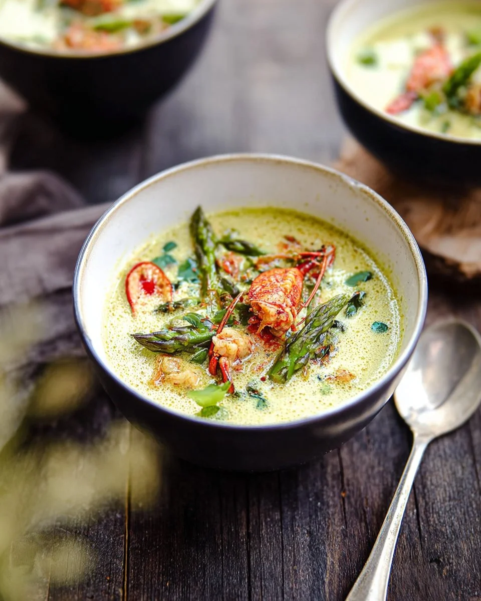 Crème d'asperges à la citronnelle avec écrevisses