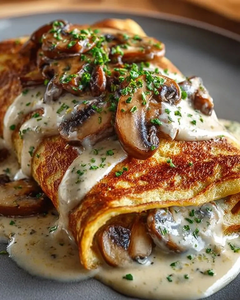 Crêpes roulées au poulet, champignons et béchamel sur une assiette