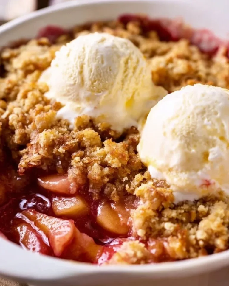 Crumble de rhubarbe fait maison avec une croûte dorée et des morceaux de rhubarbe tendre.