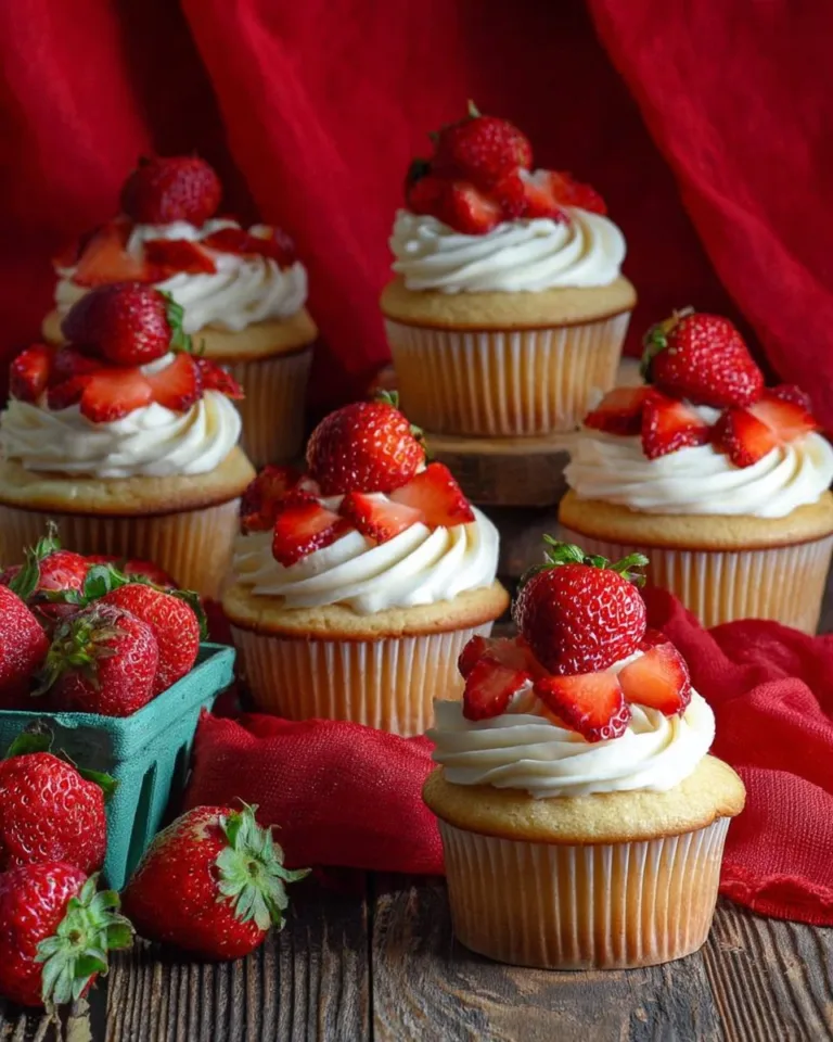 Cupcakes aux fraises décorés avec crème et fraises fraîches.