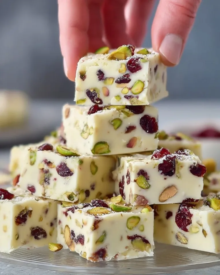 Fudge aux pistaches et canneberges, un dessert succulent et crémeux.