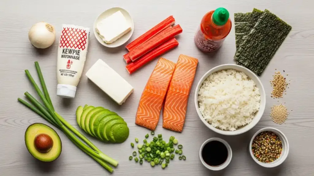 Ingrédients du sushi bake : saumon frais, riz à sushi, surimi, mayo Kewpie, avocat, nori et furikake