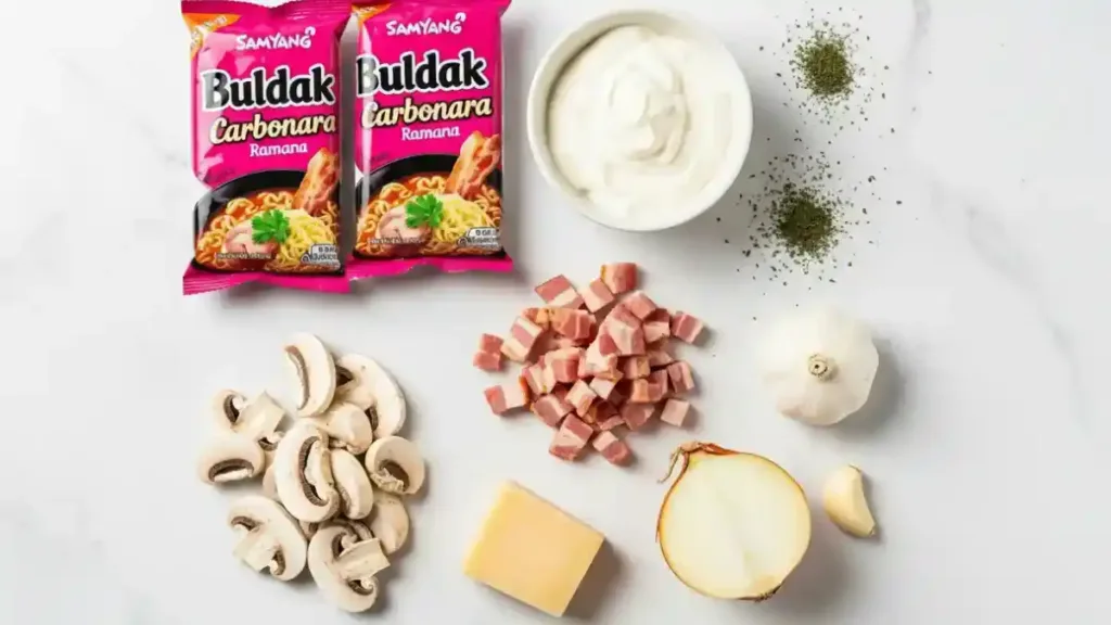 Ingrédients pour le ramen buldak carbonara : paquets Samyang, crème, lardons, champignons, parmesan