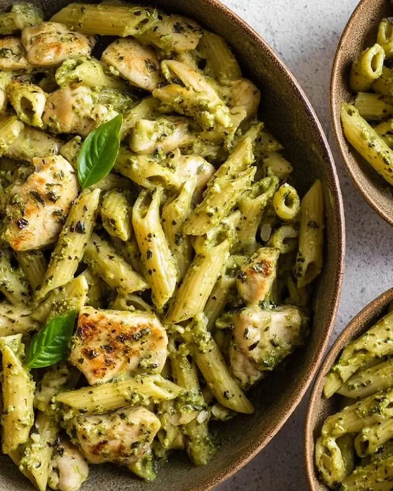Recette de pâtes au poulet avec sauce pesto et légumes frais