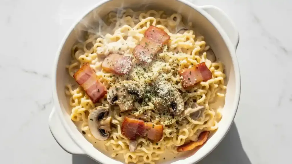 Ramen buldak carbonara crémeux dans un bol blanc avec lardons, champignons et parmesan