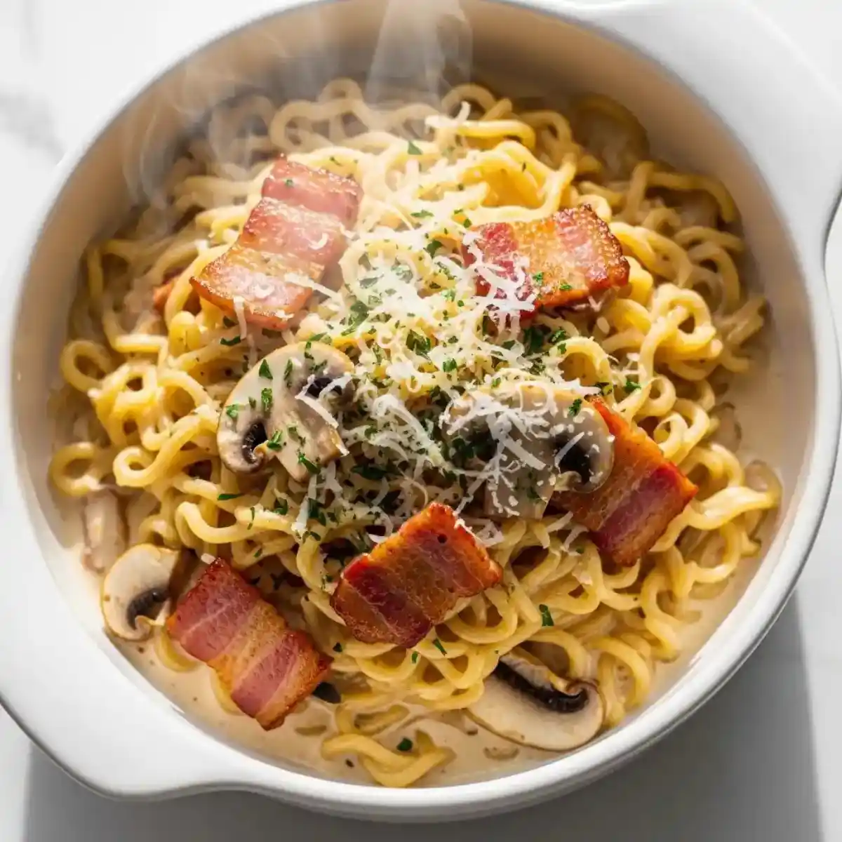 Bol de ramen buldak carbonara fumant avec sauce crémeuse, lardons croustillants et parmesan fondu