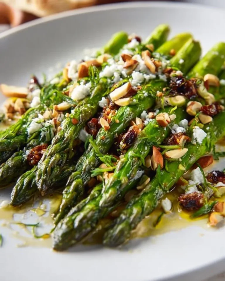Salade d’asperges vertes avec noisettes et basilic dans un bol.