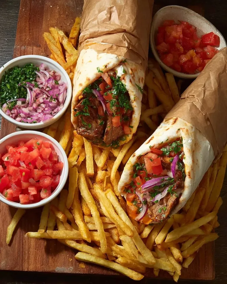 Wrap de poulet shawarma savoureux et épicé servi avec des légumes frais.