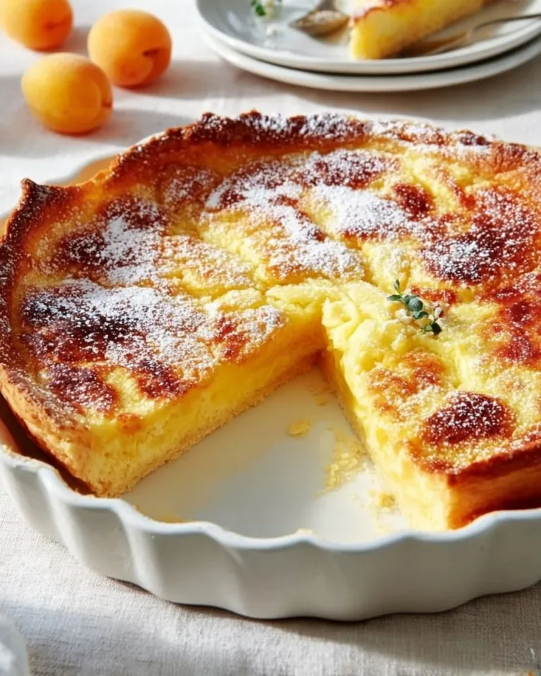 Dessert de clafoutis aux abricots frais tout juste sorti du four.