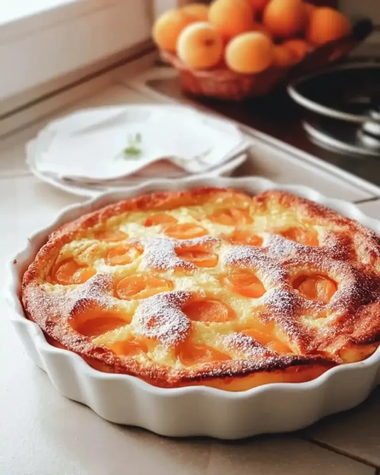 Clafoutis de semoule aux pêches, un dessert français magnifique et savoureux.
