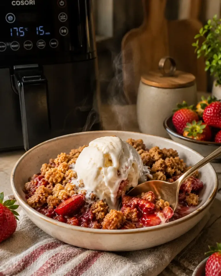 Crumble aux fraises croustillant préparé à l’air fryer avec glace vanille fondante et fraises chaudes